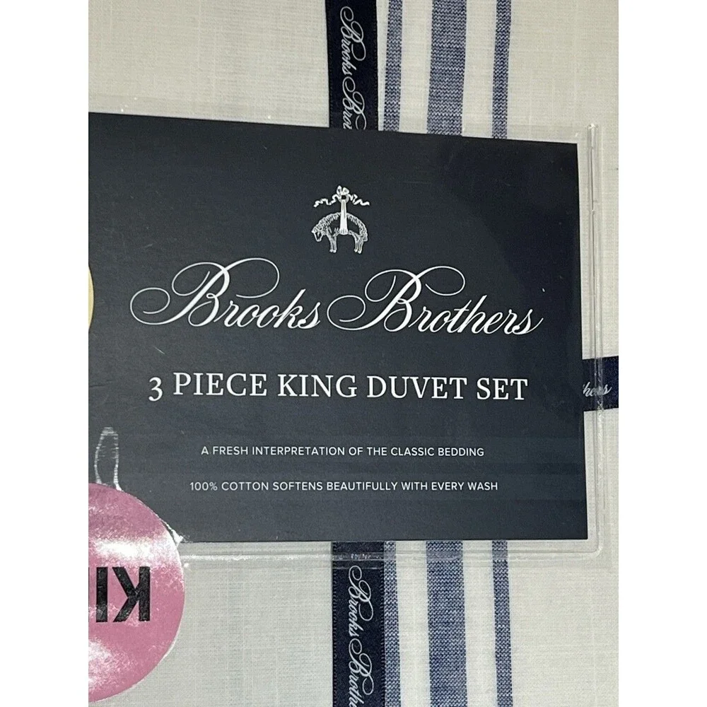 Brooks Brothers White Blue Striped Cotton Ruffled 3 Pc King Duvet Set New